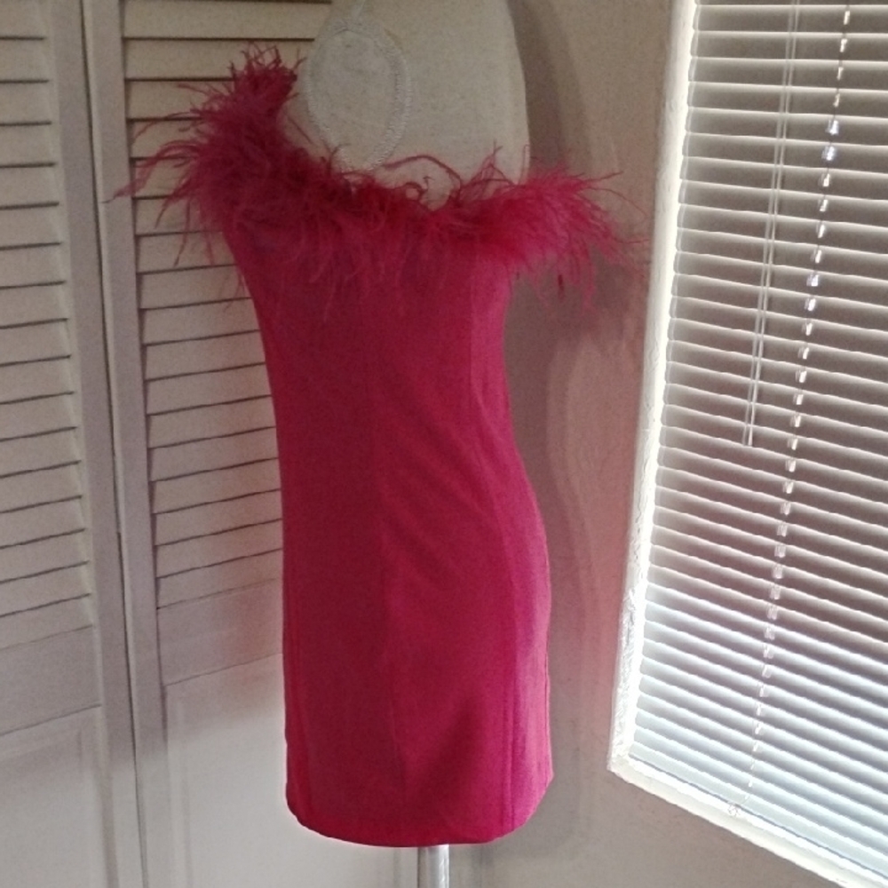 Chic Feather-Trim Mini Dress in Vibrant Pink - Picture 5 of 7